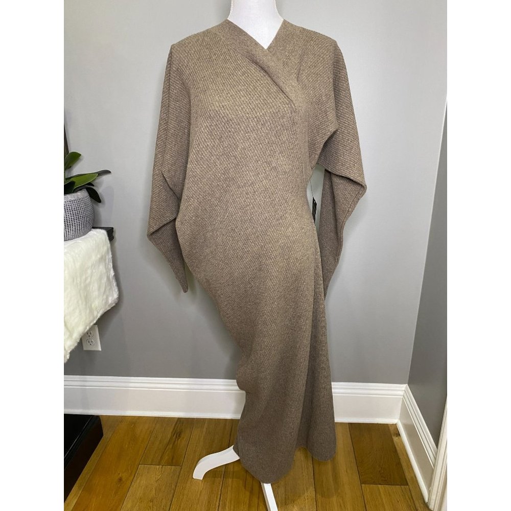 LVIR Unbalance Ribbed Knit Wool Cashmere V-Neck Midi Dress Women's Size Medium - Picture 6 of 15
